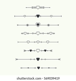 Dividers Vector Set Isolated. Geometric Horizontal Vintage Line With Heart. Collection Of Decorative Page Rules. Separation Select Text. 