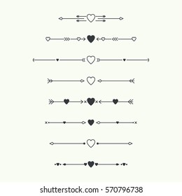 Dividers Vector Set Isolated. Geometric Horizontal Vintage Line With Heart. Collection Of Decorative Page Rules. Separation Select Text. 