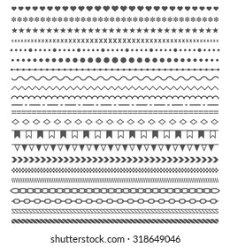 Dividers vector set isolated on white background. Geometric horizontal  vintage fashion pattern. Line border and text design element. Trendy styled ornaments. Each element is grouped for easy editing.