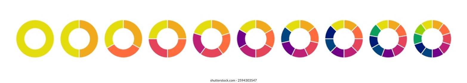 Dividing diagram equal parts from 1 to 10 color spectrum, Cyclic pie chart wheel infographic, Vector illustration.