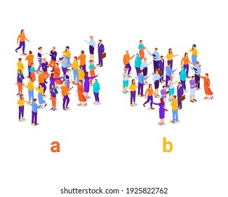 Dividing people into two groups isometric concept. Social experiment with division into a and b research populations vector characters.