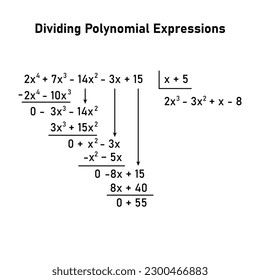 Dividing polynomial expressions in mathematics. Long division of polynomials. Math resources for teachers. Division, quotient, dividend and remainder.