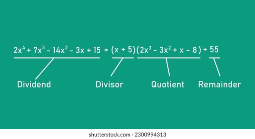 Dividing polynomial expressions in mathematics. Long division of polynomials. Math resources for teachers. Division, quotient, dividend and remainder.