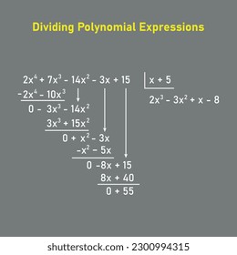 Dividing polynomial expressions in mathematics. Long division of polynomials. Math resources for teachers. Division, quotient, dividend and remainder.