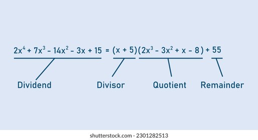 Dividing polynomial expressions in mathematics. Long division of polynomials. Math resources for teachers. Division, quotient, dividend and remainder.