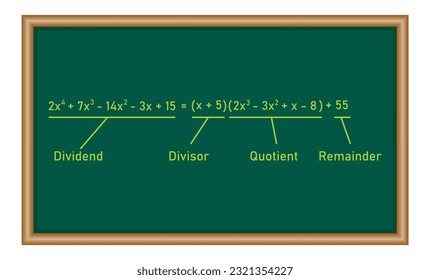 Dividing polynomial expressions in mathematics. Long division of polynomials. Math resources for teachers. Division, quotient, dividend and remainder.