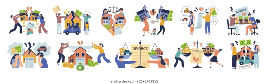 Dividing property. Concept scenes legal resolution of family conflict, division of property, divorce proceedings recent vector stylized flat pictures
