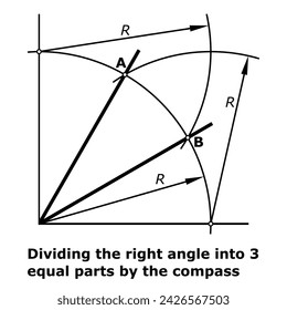 Dividing the right angle into 3 equal parts by the compass. Vector illustration. Science. Education
