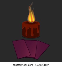 Divination by candlelight. Magic is the future. Cards for divination. Black, mysterious. Esotericist. The candle is already burning. Vector