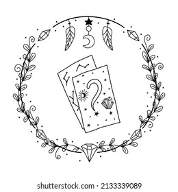 Divination cards vector hand drawn doodle illustration. Oracle and prediction of the future on the maps. Symbols of witches and accultism