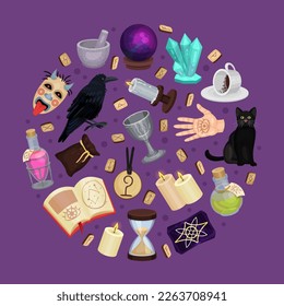 Divination and Fortune Telling Round Composition with Magic Symbols Vector Template