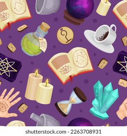 Divination and Fortune Telling Seamless Pattern with Magic Symbols Vector Template
