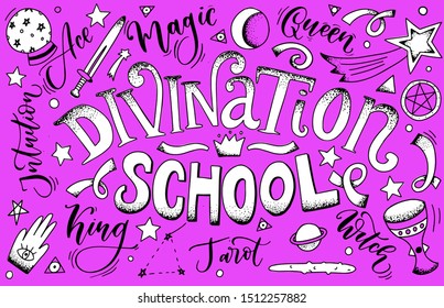 Divination school cute hand drawn element set with calligraphy text. Tarot, magic and mystery. Doodle style vector drawings. 
