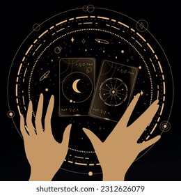 Divination Tarot cards on black background. Tarot symbolism. Mystery, astrology, esoteric