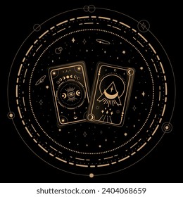 Tarjetas Tarot de adivinación sobre fondo negro. Contando la fortuna. Simbolismo tarot. Misterio, astrología, esotérico. Ilustración del vector