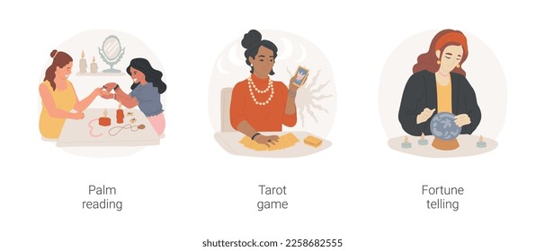 Divinations isolated cartoon vector illustration set. Palm reading, young woman doing palmistry, making predictions with tarot cards, fortune telling, predict future, crystal ball vector cartoon.