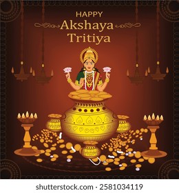 A divine Akshaya Tritiya artwork featuring Goddess Lakshmi blessing devotees with wealth and prosperity. A golden Kalash overflowing with coins, surrounded by traditional diyas and hanging lamps