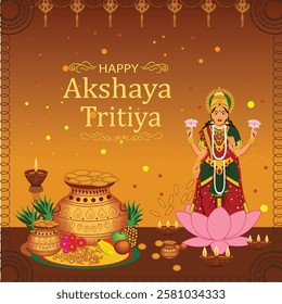 A divine Akshaya Tritiya artwork featuring Goddess Lakshmi standing on a lotus, blessing with wealth and prosperity. The golden Kalash, sacred offerings, and glowing diyas enhance the auspicious 