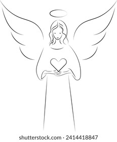 Un ángel divino con alas sostiene un corazón en las manos. El poder del amor divino. Ilustración vectorial minimalista sobre un fondo transparente.