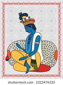 "Divine Aura: Kalighat Art Capturing the Reverence of Lord Krishna in a Portrait. Kalighat Painting, Contemporary Art, Indian Paintings, Wall Paintings, Modern Art Paintings. 