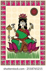 Divine Avatar: A Captivating Madhubani Depiction of Durga Devi. Madhubani Durga Devi avatar art, Madhubani goddess incarnation, Indian folk art Durga Devi, Madhubani religious art.