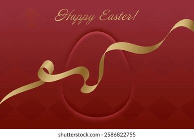 Divine Celebration. Elegant Easter card, golden ribbon, deep red background, Christian faith, religious joy, spiritual warmth, resurrection, renewal, peace, devotion.