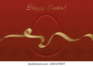 Divine Celebration. Elegant Easter greeting, golden ribbon, deep red background, Christian faith, holy day, spiritual joy, resurrection, blessings, church, devotion.