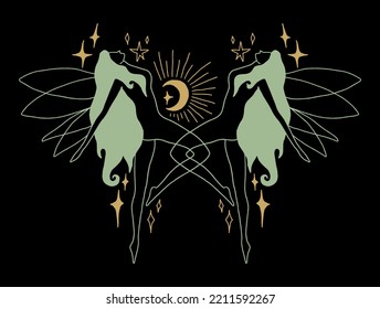 Divine celestial fairies twins zodiac couple vector clipart illustration, boho sacred magic woman, freedom mystical symbol. Flat holistic healing meditation Reiki New Age concept. Modern abstract