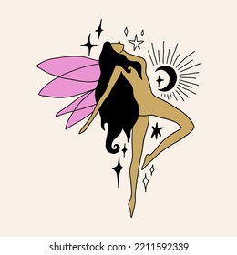 Divine celestial fairy or elf vector clipart illustration, boho sacred magic woman, freedom mystical symbol. Flat holistic healing meditation Reiki New Age concept. Modern abstract silhouette. Hippie