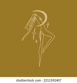 Divine celestial goddess vector clipart illustration, boho sacred magic woman, freedom mystical symbol. Flat holistic healing meditation Reiki New Age concept. Modern abstract silhouette. Hippie
