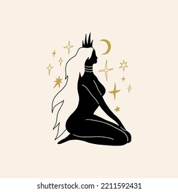 Divine celestial goddess vector clipart illustration, boho sacred magic woman, freedom mystical symbol. Flat holistic healing meditation Reiki New Age concept. Modern abstract silhouette. Hippie