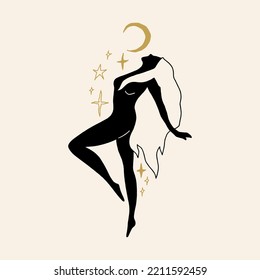 Divine celestial goddess vector clipart illustration, boho sacred magic woman, freedom mystical symbol. Flat holistic healing meditation Reiki New Age concept. Modern abstract silhouette. Hippie