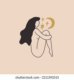 Divine celestial goddess vector clipart illustration, boho sacred magic woman, freedom mystical symbol. Flat holistic healing meditation Reiki New Age concept. Modern abstract silhouette. Hippie