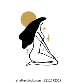 Divine celestial goddess vector clipart illustration, boho sacred magic woman, freedom mystical symbol. Flat holistic healing meditation Reiki New Age concept. Modern abstract silhouette. Hippie