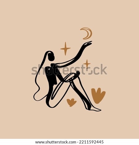 Divine celestial goddess vector clipart illustration, boho sacred magic woman, freedom mystical symbol. Flat holistic healing meditation Reiki New Age concept. Modern abstract silhouette. Hippie