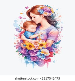 Divine Connection: Watercolor Illustration Showing a Mother and Newborn