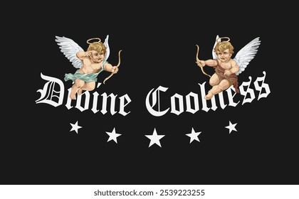 divine coolness slogan with vintage cherub angels with golden bow vector illustration on black background