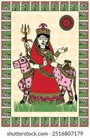 Divine Dance: A Captivating Madhubani Depiction of Durga Devi Puja. Madhubani Durga Puja art, Goddess painting, Indian folk art Durga, Madhubani religious art, Madhubani festival painting.