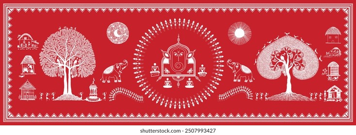 Divine Dance: A Captivating Warli Depiction of Ganpati Festival. Warli Ganpati festival, Krishna painting, Indian folk art Ganpati, Warli religious art, Warli festival painting.