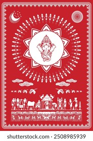 "Divine Dance: A Captivating Warli Depiction of Ganpati Festival" . Festival Warli Ganpati, pintura Warli Krishna, arte popular indiana Ganpati, arte religiosa, pintura do festival.