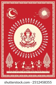 Divine Dance: A Captivating Warli Depiction of Ganpati Festival. Warli Ganpati festival, Warli Krishna painting, Indian folk art Ganpati, Warli religious art, Festival painting.