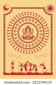 Divine Dance: A Captivating Warli Depiction of Ganpati Festival. Warli Ganpati festival, Warli Krishna painting, Indian folk art Ganpati, Warli religious art, Festival painting.