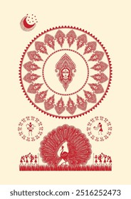 Danza divina y música: una cautivadora representación Warli de Durga Devi Puja. Arte Warli Durga Puja, pintura de la diosa Warli, arte popular indio Durga, arte religioso Warli, pintura de festival, danza, música.