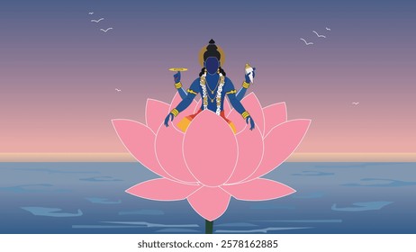 Divine depiction of Lord Vishnu seated on a blooming lotus over the cosmic ocean, holding the Sudarshan Chakra, Shankha, Gada, and Padma, symbolizing creation and balance