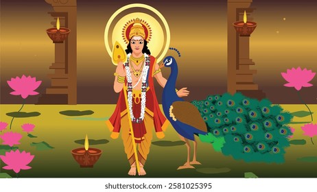 A divine digital illustration of Lord Kartikeya standing with his sacred Vel and peacock vahana in a beautifully lit temple surrounded by lotus flowers and oil lamps symbolizing devotion