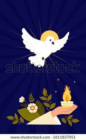 Divine Dove and Hand with Burning Fire Vigil lamp on Blue Background. Pentecost Sunday Holy Spirit Banner. Catholic, Christian Religious Holiday. Vertical Poster Biblical Series. Vector Illustration