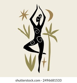 Divine feminine woman tropical ethnic yoga asana illustration. Boho magic jungle summer girl sport groovy vibe chill concept. Mystical new age wellness holistic flat art. Silhouette abstract cartoon