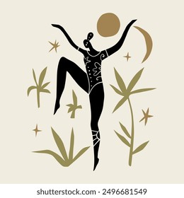 Divine feminine woman tropical ethnic yoga asana illustration. Boho magic jungle summer girl sport groovy vibe chill concept. Mystical new age wellness holistic flat art. Silhouette abstract cartoon