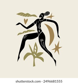 Divine feminine woman tropical ethnic yoga asana illustration. Boho magic jungle summer girl sport groovy vibe chill concept. Mystical new age wellness holistic flat art. Silhouette abstract cartoon