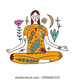 Divine feminine woman yoga asana illustration. Boho magic sun and summer groovy vibe chill concept. Mystical new age wellness holistic flat art. Silhouette abstract coloring cartoon silhouette clip